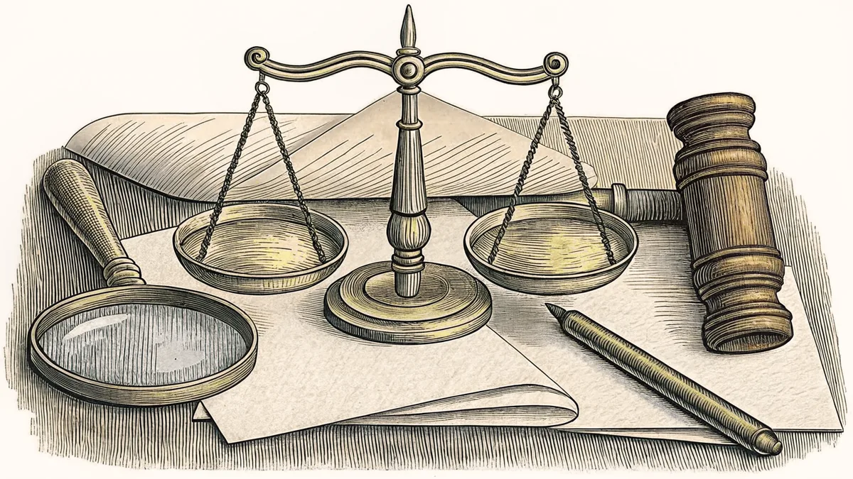 A magnifying glass and vintage scales suggest criminal investigation and evidence.