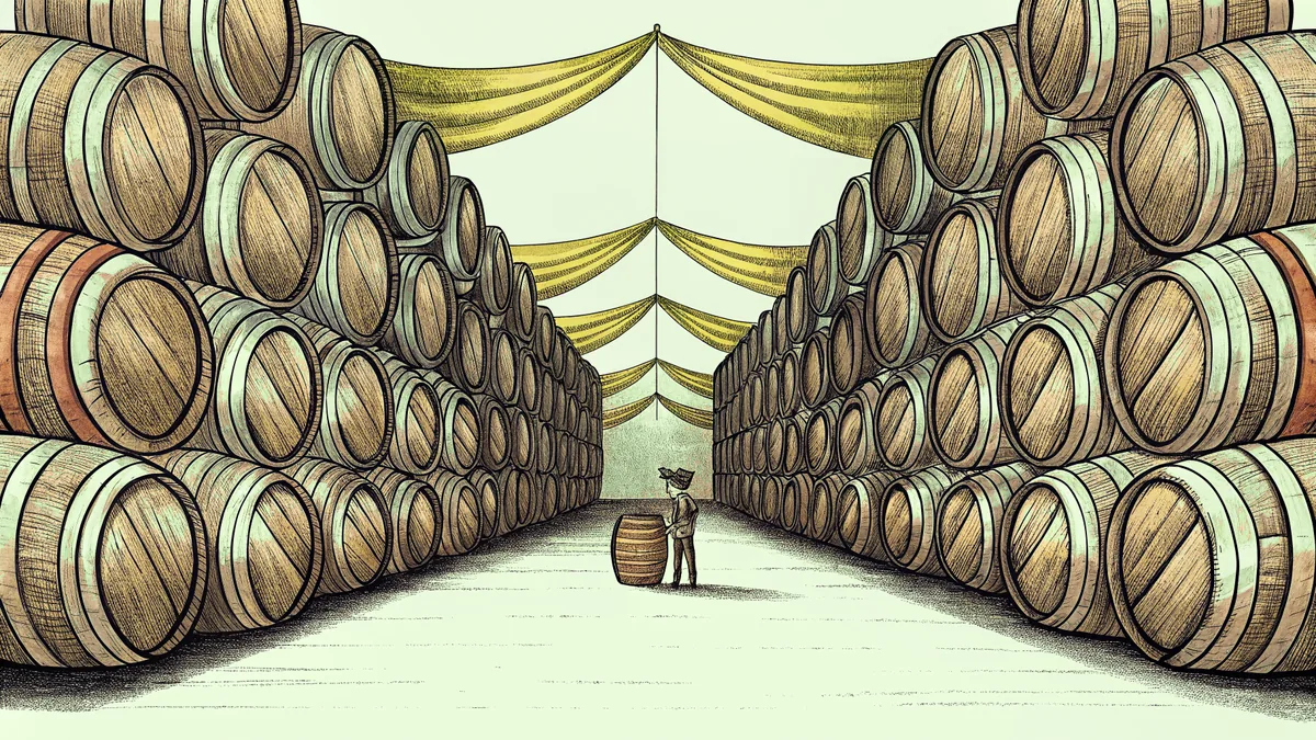 Stacked beer barrels in brewery with colorful festival banners displayed