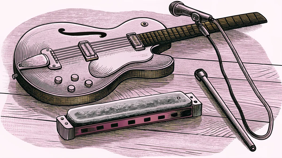 A blues guitar with a harmonica sits near a vintage microphone on a dimly lit stage.