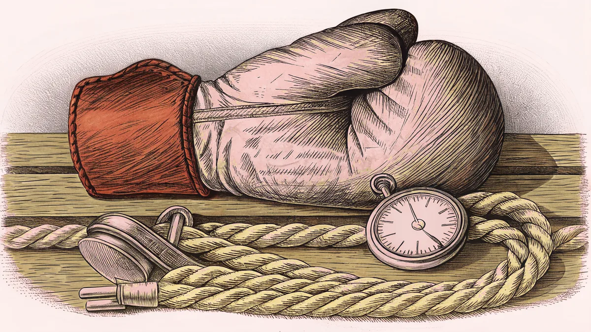 A leather boxing glove rests on ring ropes beside a referee's whistle and ticking stopwatch.