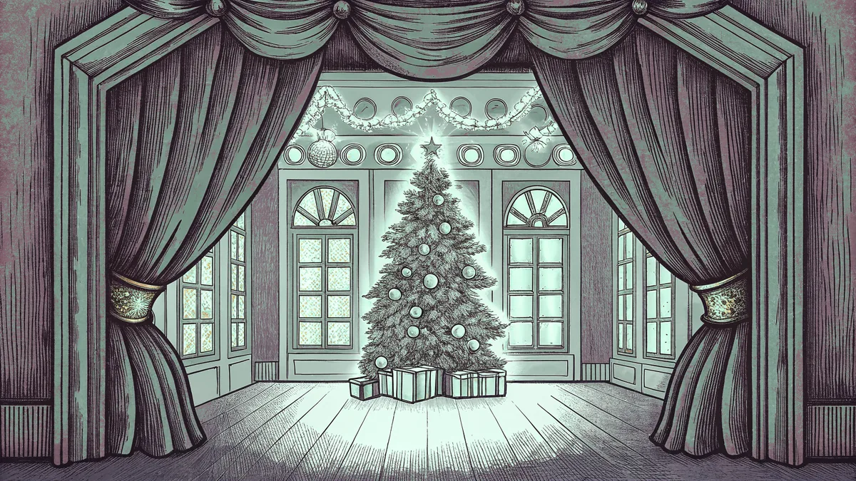 Iconic Christmas characters including Santa, elves, and fantastical figures assembled by a decorated tree.