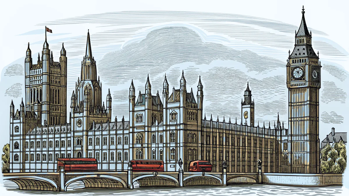 Big Ben and Westminster Abbey stand beside the River Thames in historic London.