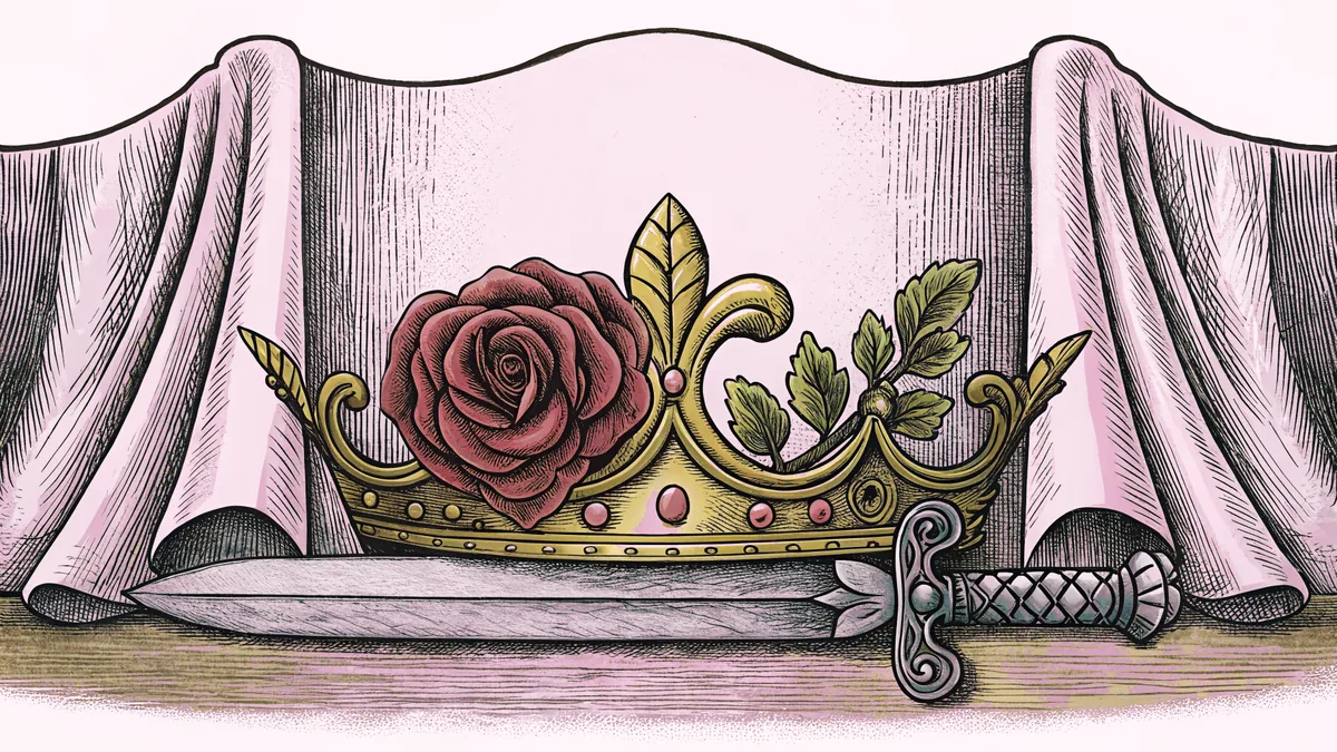 A crimson rose winds around a golden crown and jeweled sword evoking famous love stories.