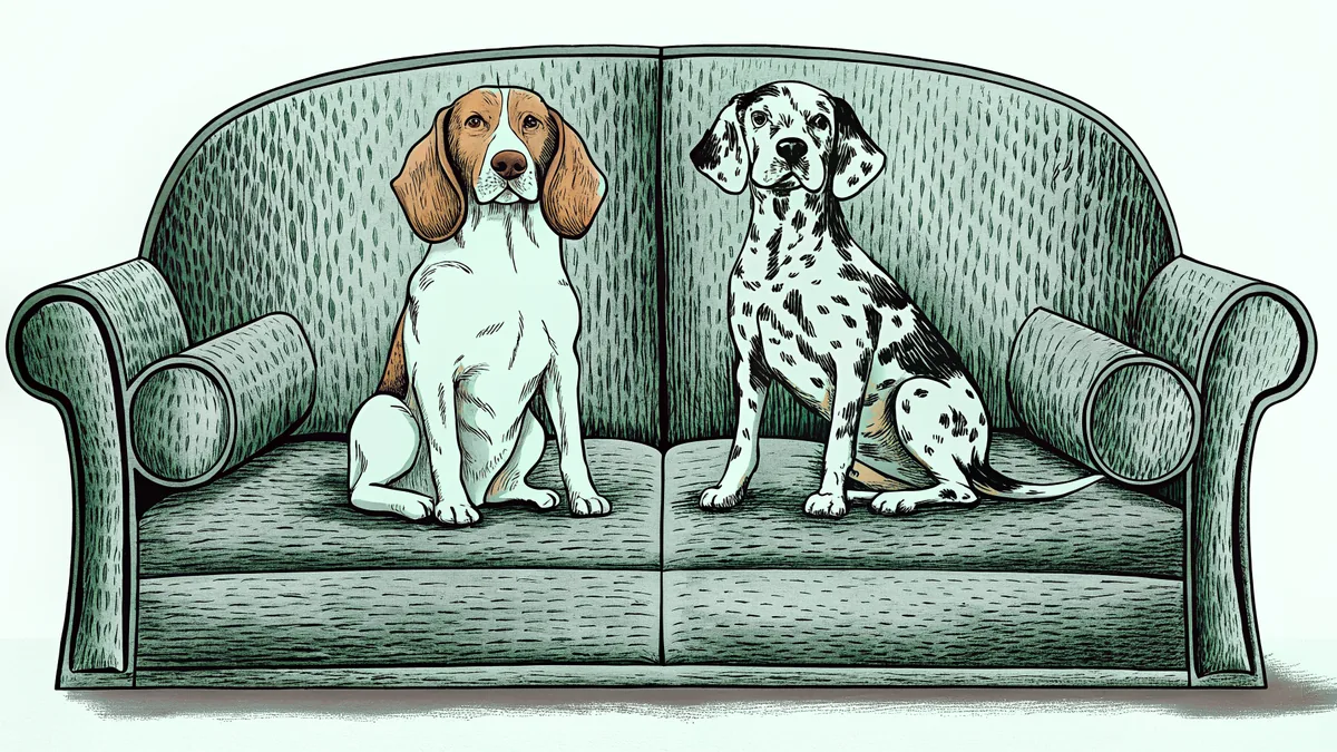 Two beloved animated dogs: a beagle and dalmatian relaxing together on a couch.