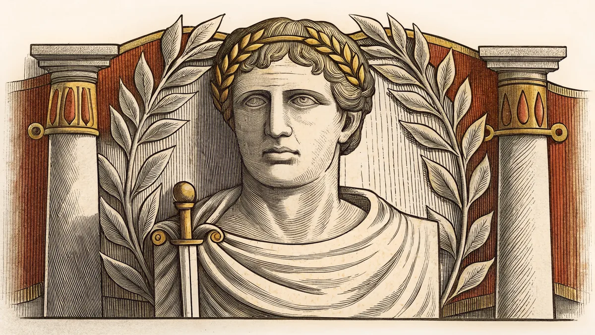 A classical marble bust of a Roman emperor wearing a golden laurel crown.