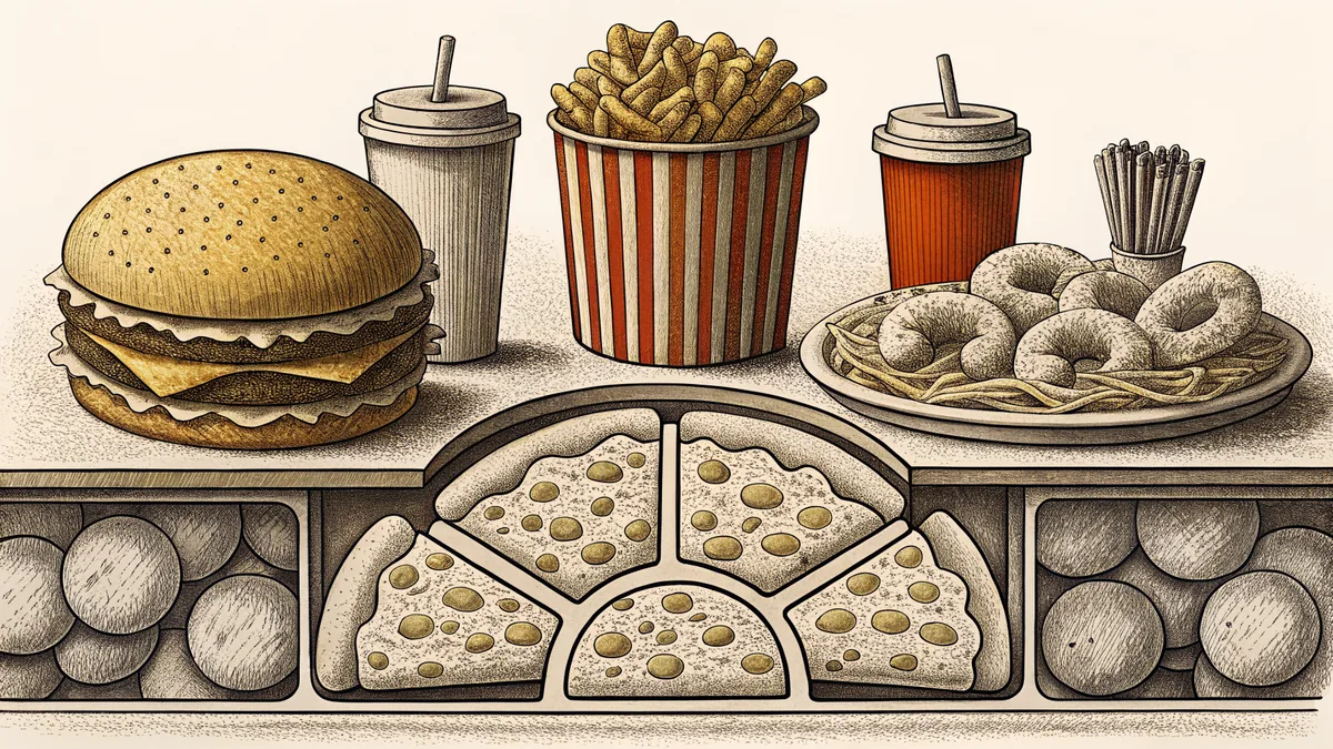 A collection of popular fast-food items including burgers, pizza, and chicken.