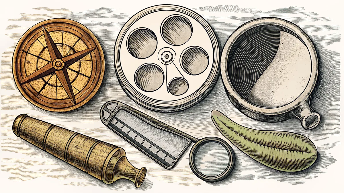 A brass compass, a mortar and pestle, a magnifying glass, and a pea pod sit together on a table.