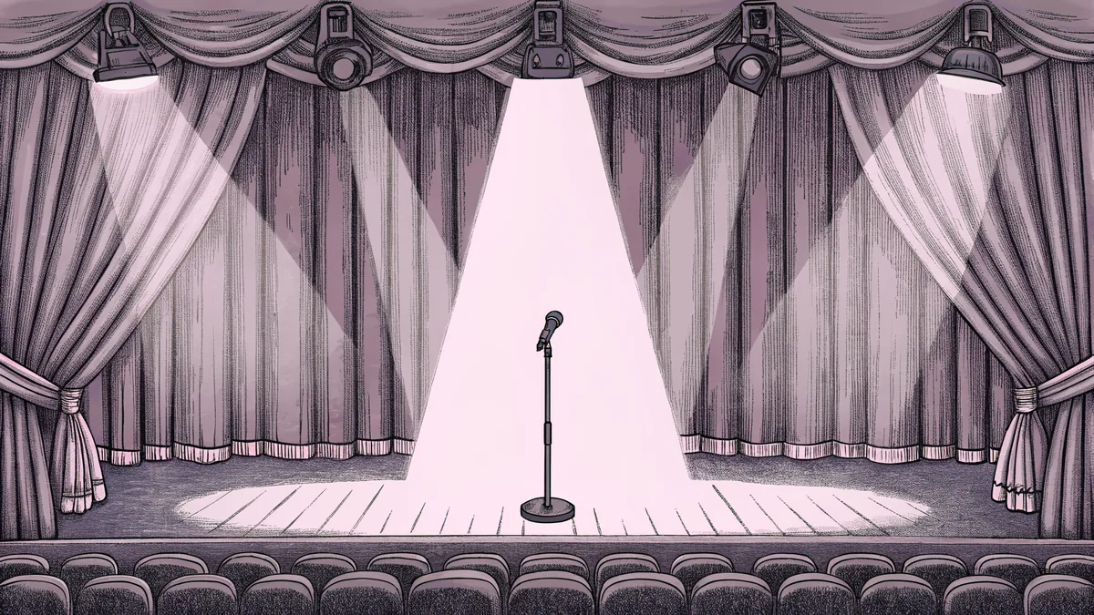 A microphone stand gleams amid musical instruments under colorful stage lights.