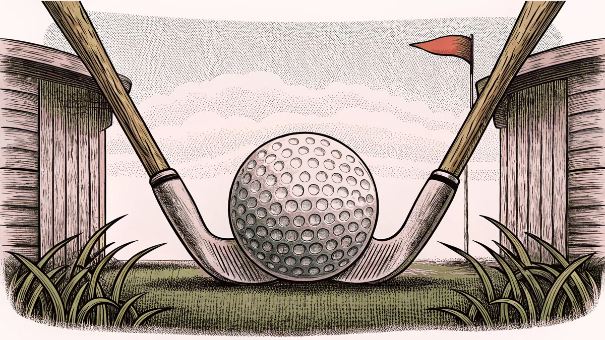 A golf ball and club rest on manicured grass beside a flag-marked hole.