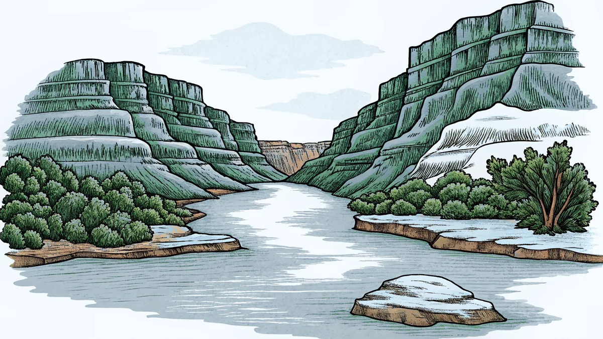 The Grand Canyon reveals dramatic rock formations and colorful striations carved by water.