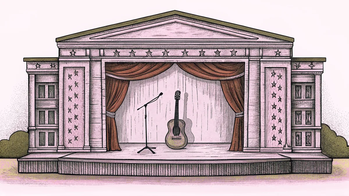 An acoustic guitar leans beside a vintage microphone on a concert stage.