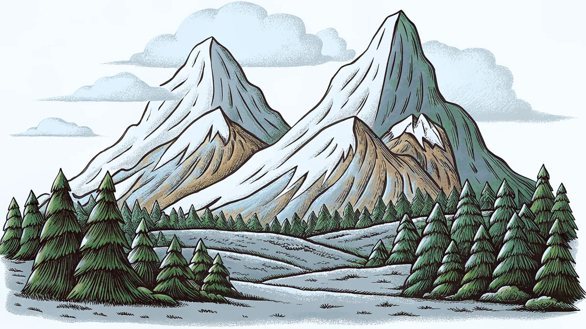 Majestic snow-covered peaks rising above the landscape.