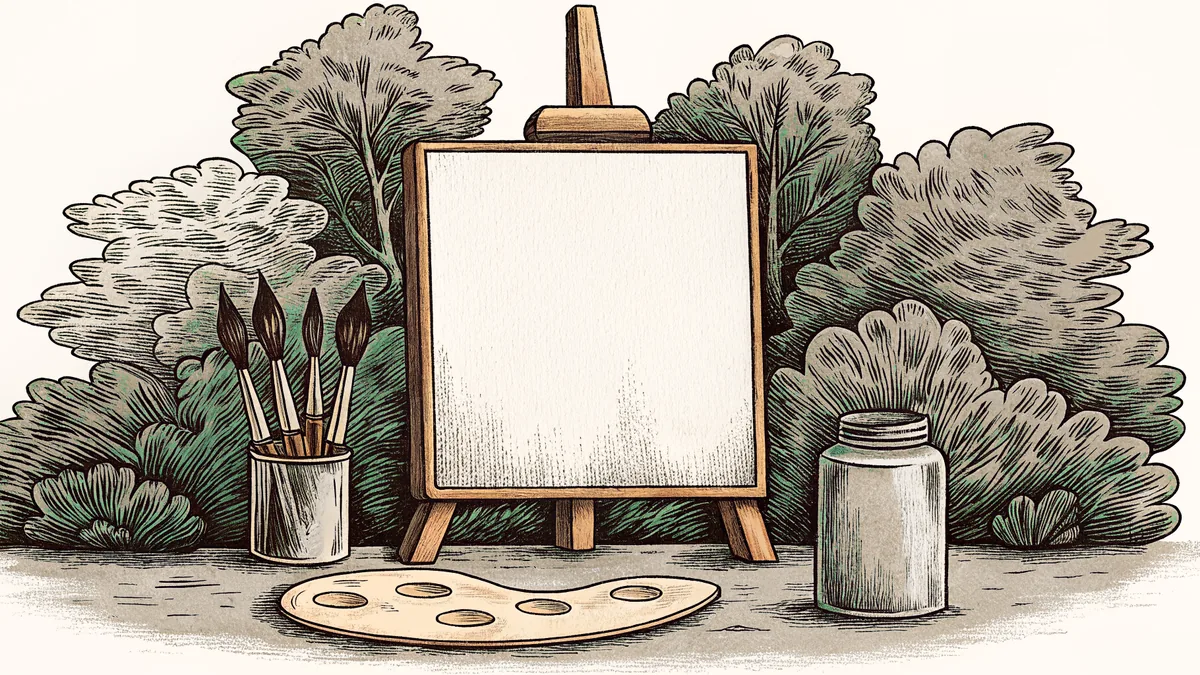 A paint-smeared palette and jar of brushes rest beside an easel holding a blank stretched canvas.