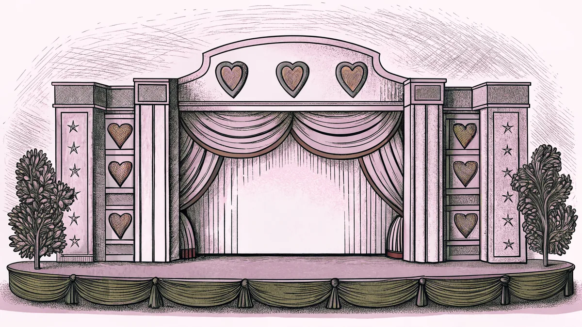 Red hearts and trophies illuminate a stage decorated for famous February birthdays.