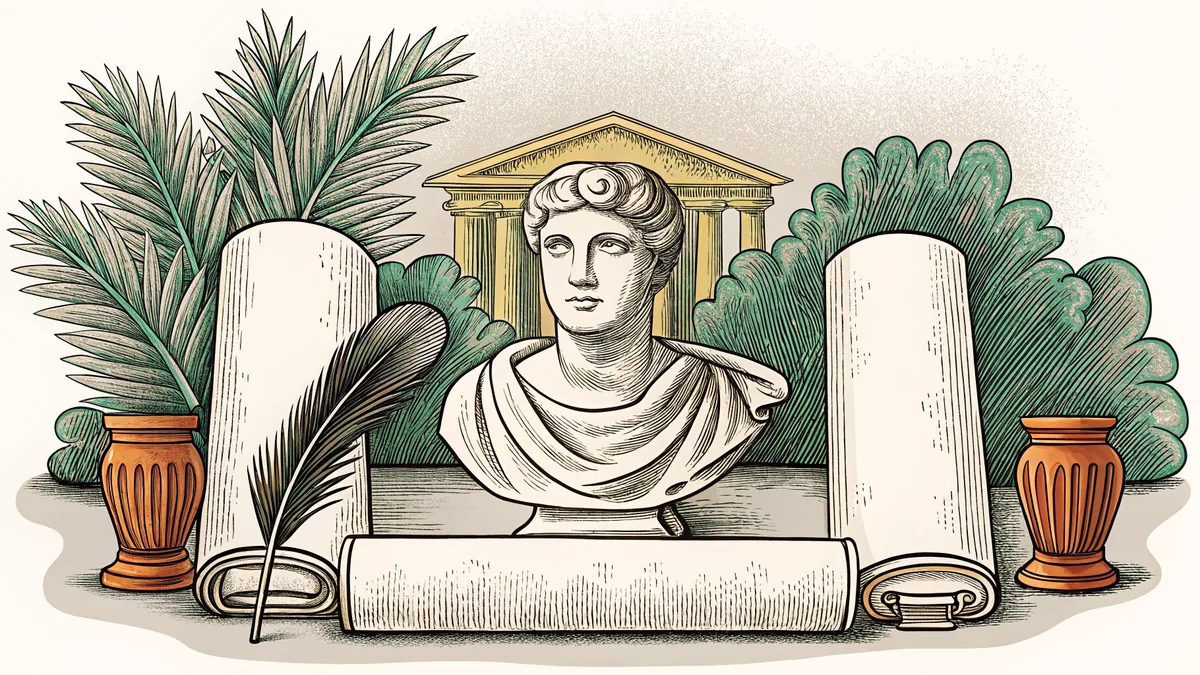 Ancient scrolls and a classical marble bust rest among philosophical texts and quills.