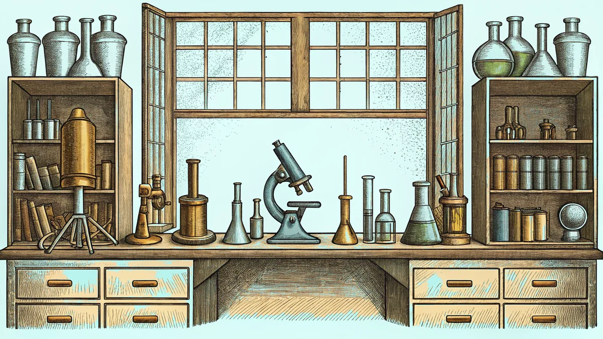 A scientific laboratory with microscopes and equipment.