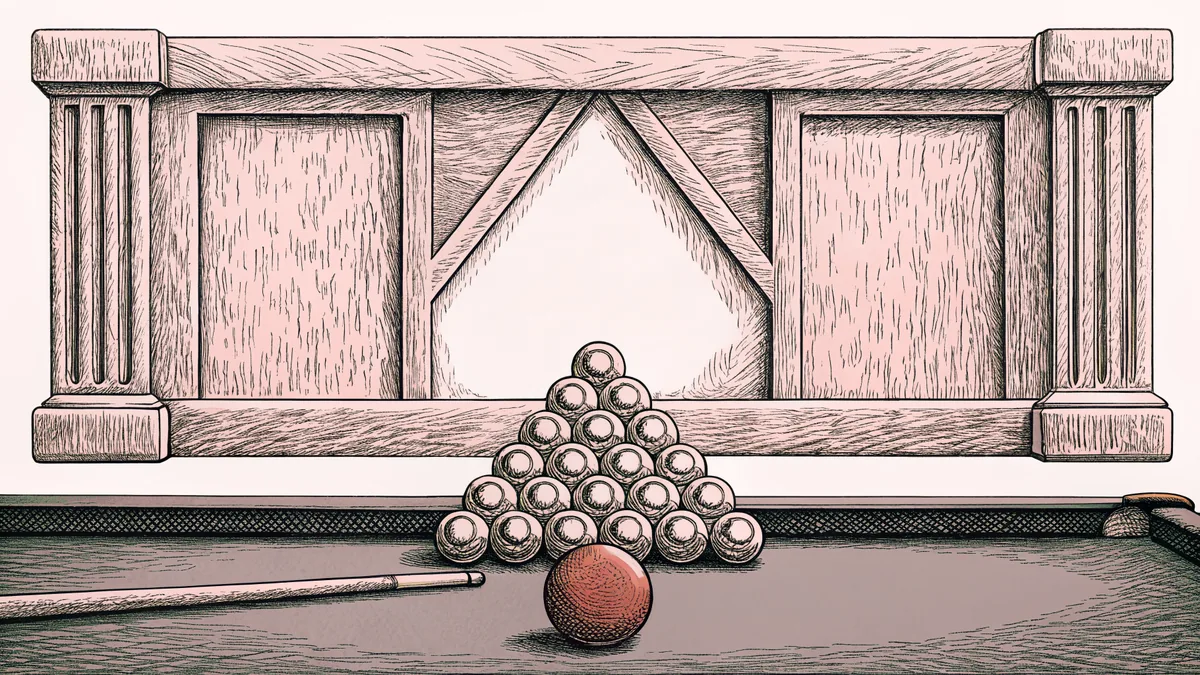 A pool cue and colored ball sit on green felt with chalk and a triangle rack.