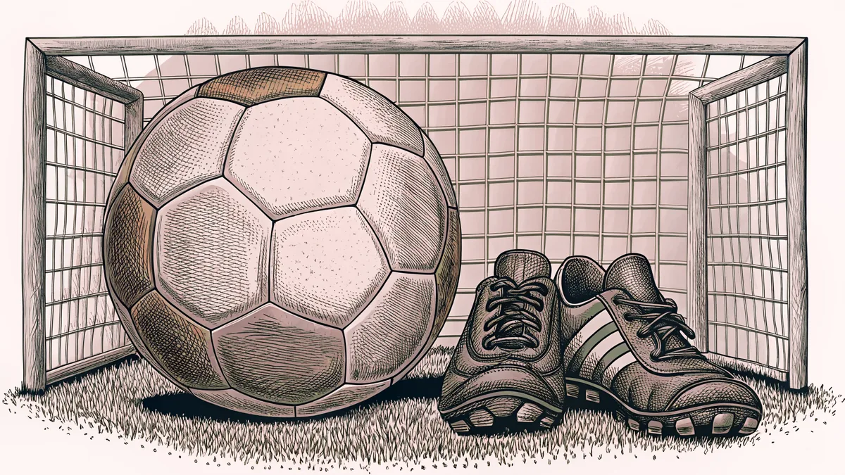 A scuffed soccer ball sits in front of an empty goal net beside a pair of worn boots.