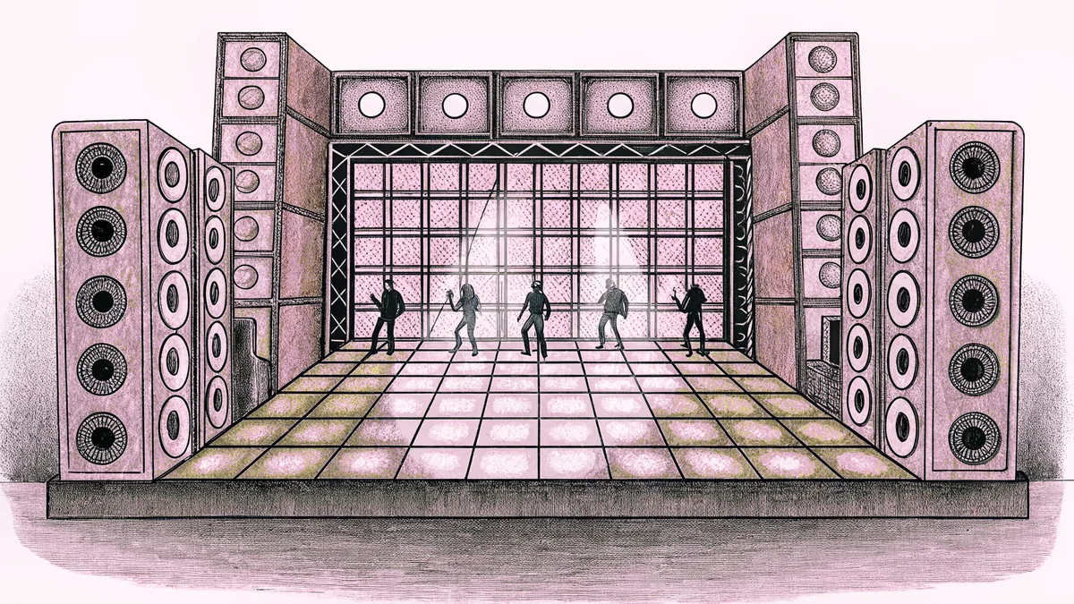 A dance floor lit by pulsing neon lights with speakers and silhouetted dancers.