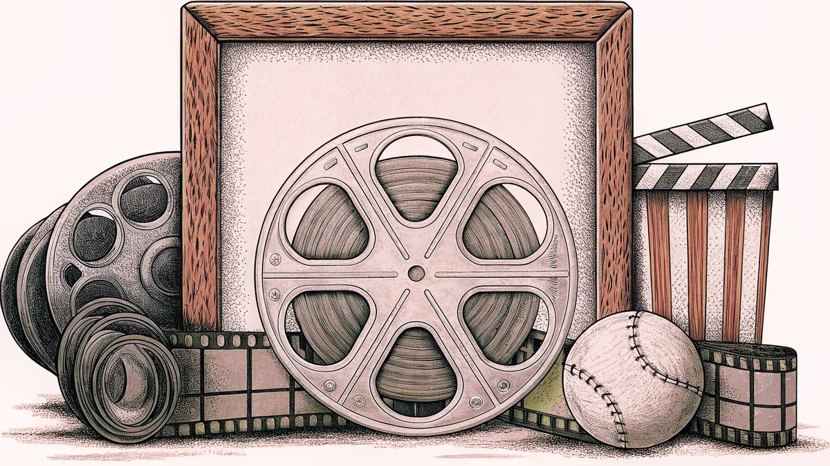 A vintage film reel sits with various sports balls and equipment on display.