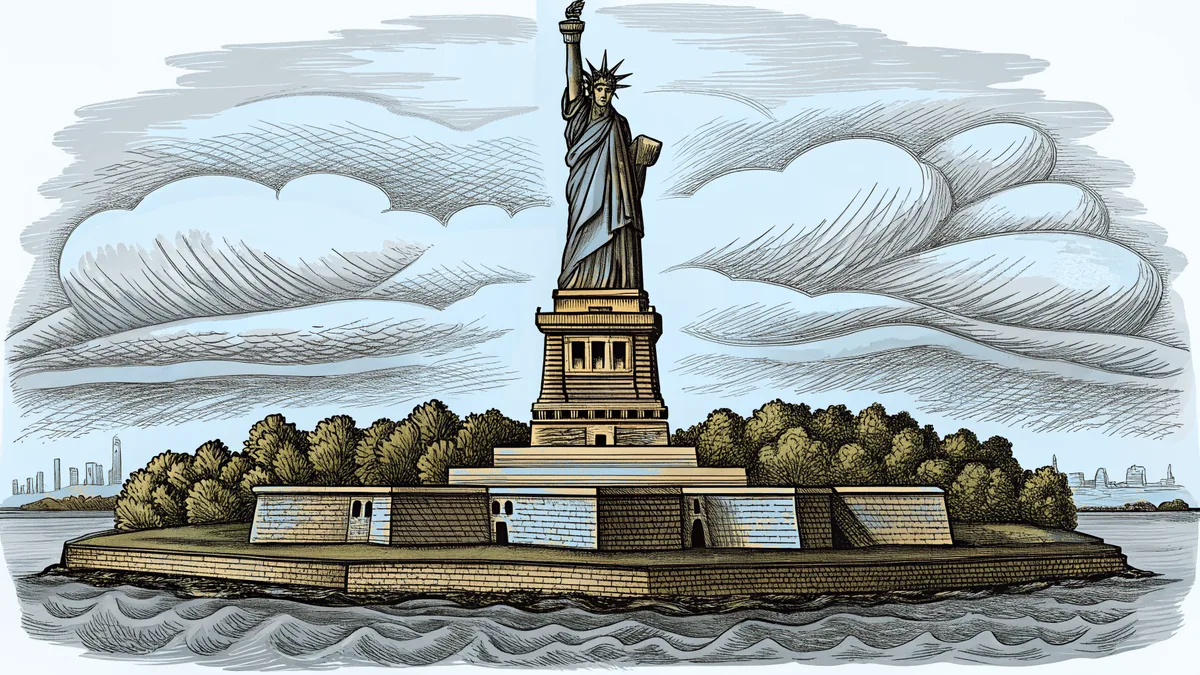 The Statue of Liberty towers on an island surrounded by misty harbor waters.