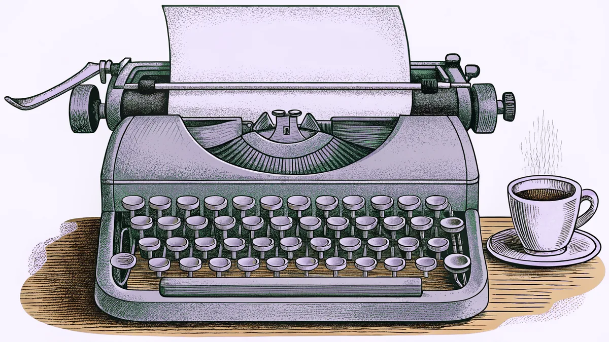 A vintage typewriter sits on an oak desk beside a steaming coffee cup and inkwell.