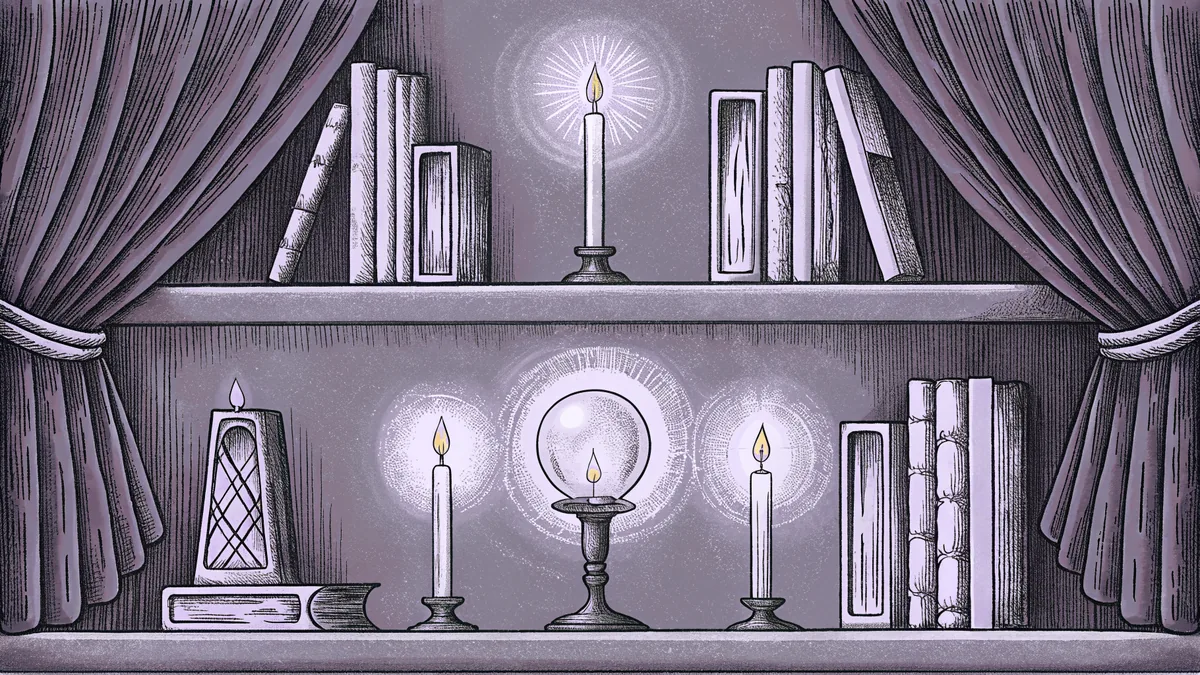 A magical study glows with an ornate wand, crystal orbs, and enchanted candles on floating shelves.