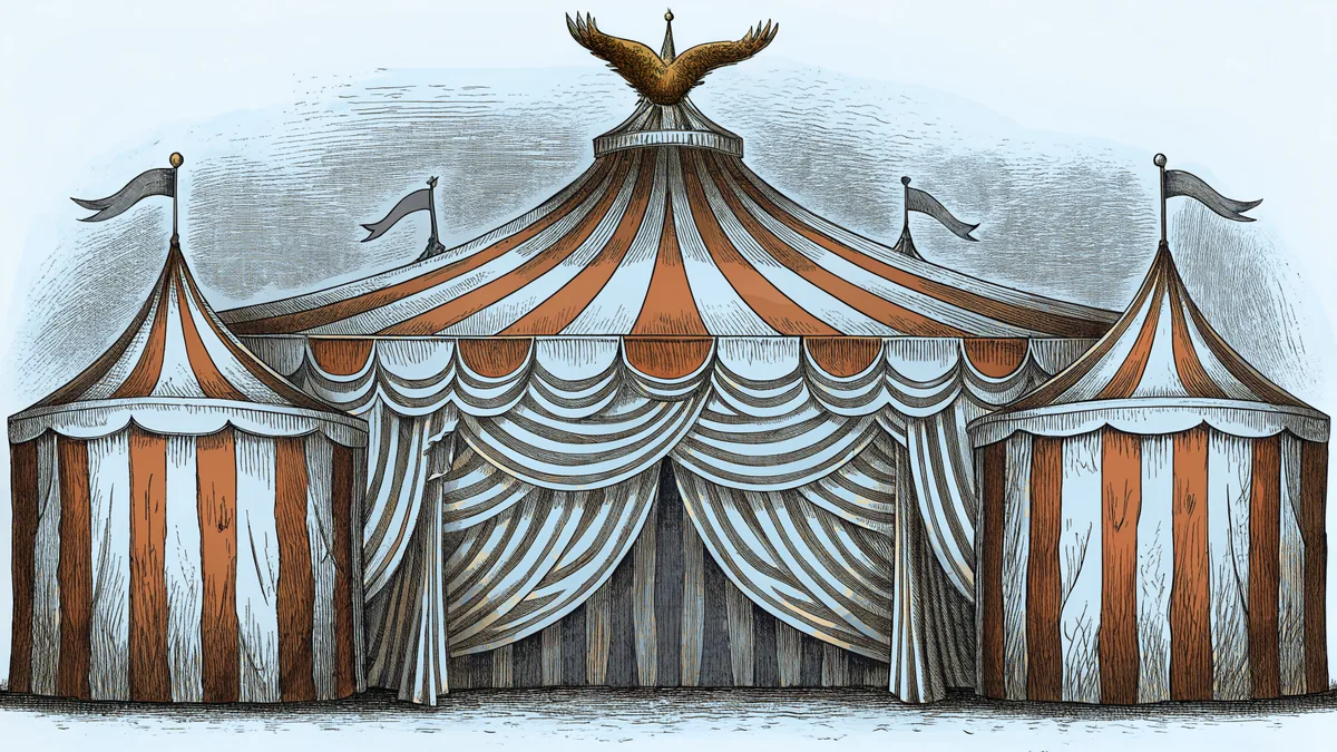 A red hawk circling above a colorful vintage circus tent.
