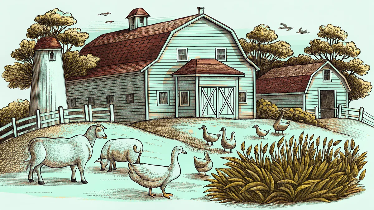 Farm animals including horses and sheep in a pasture.