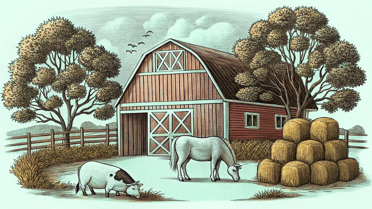 Farm animals including cows, horses, and sheep gathered in a pastoral setting.