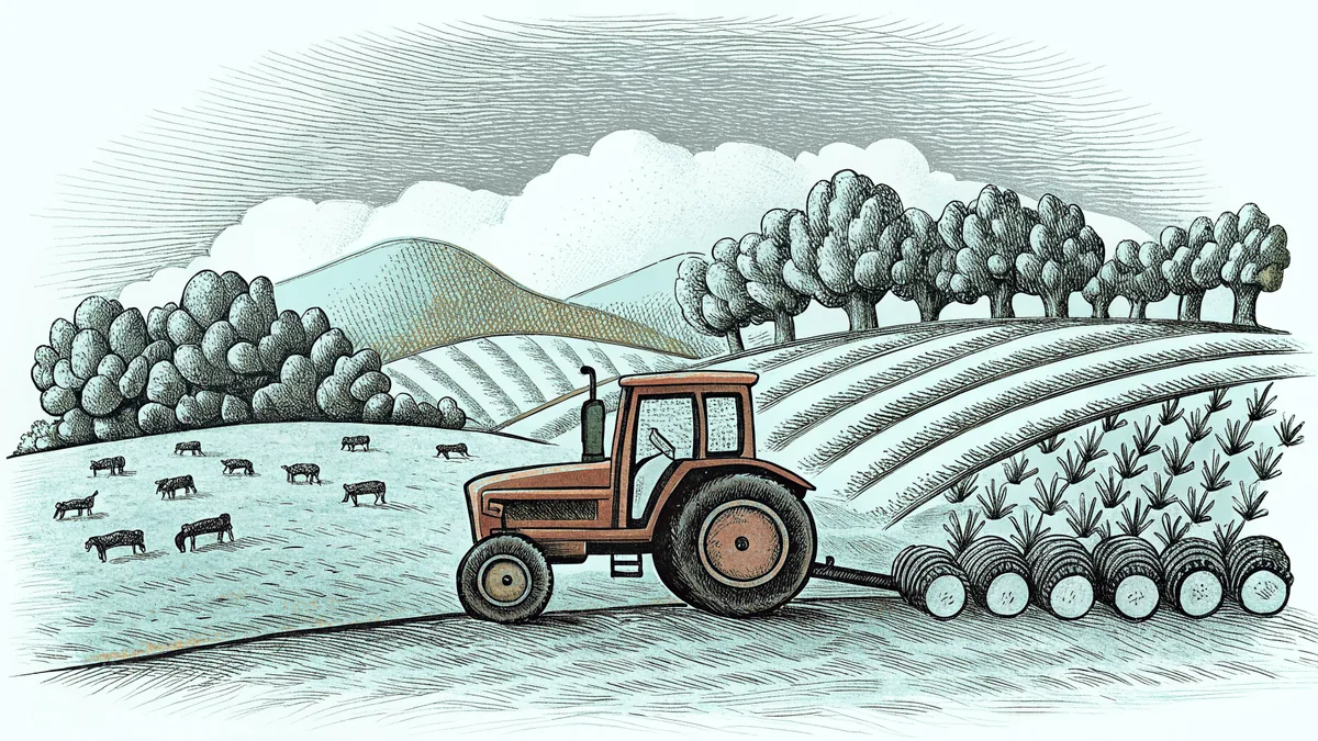 Farm machinery and animals in a rural landscape
