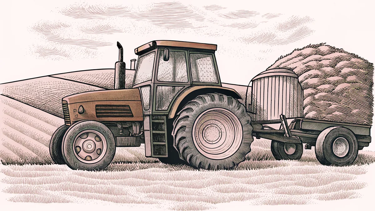 A sturdy red tractor with plow stands in harvested fields near hay baler equipment.
