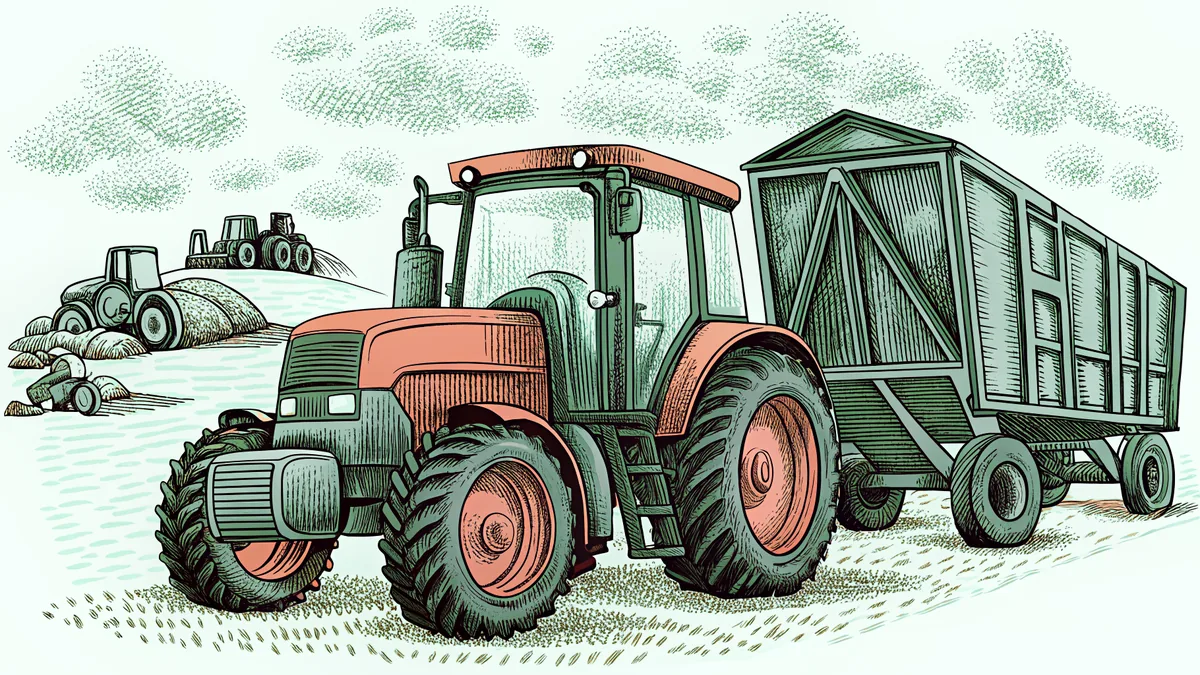 A farm with tractors and various agricultural machinery.