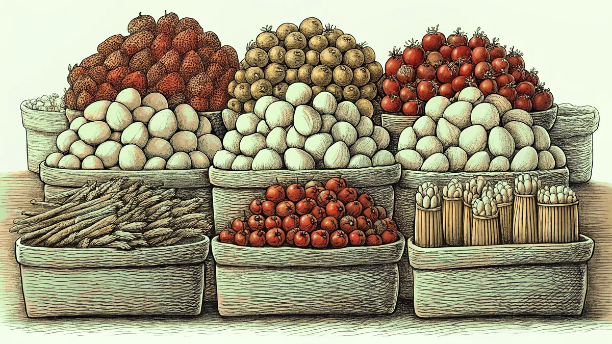 Fresh produce overflows from wicker baskets at a bustling market stall.