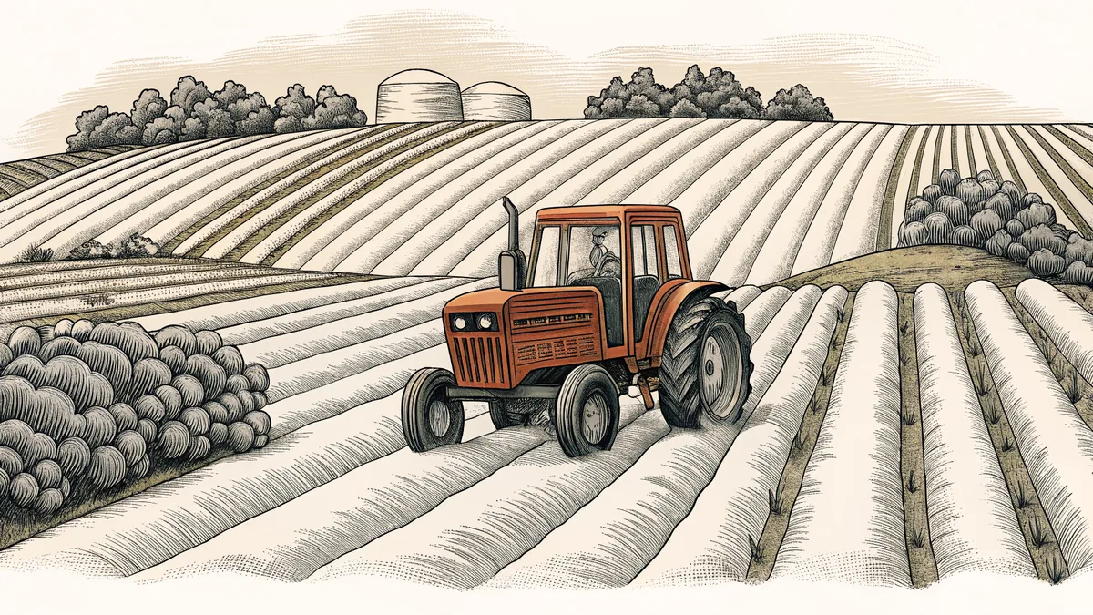 A farm with red tractor, plowed rows, livestock grazing, and irrigation channels.
