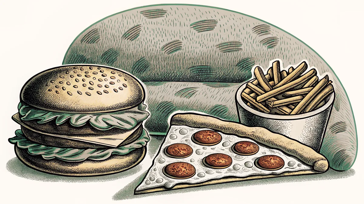 Classic fast-food favorites including burgers, pizza, and fries arrange on a casual dining tray.