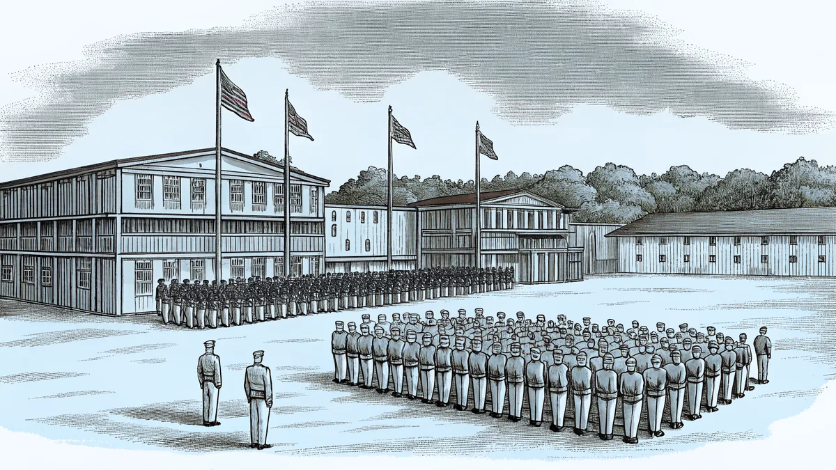 A military parade ground at Fort Bragg with flags flying.