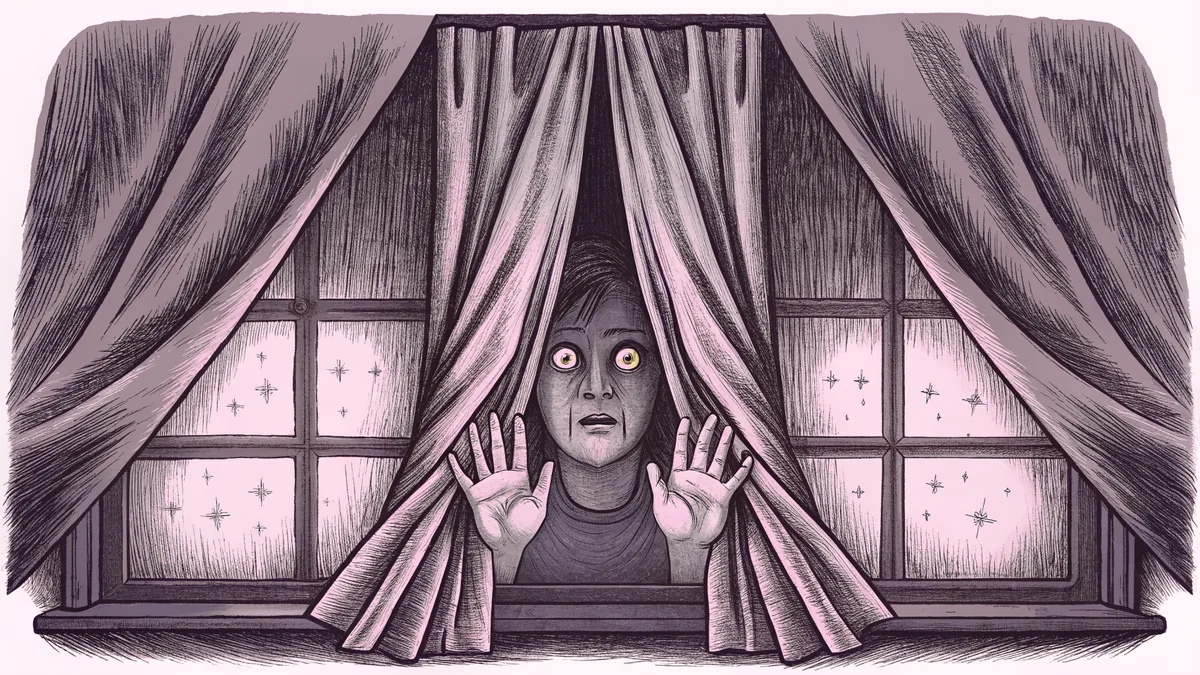 A frightened figure cowering in deep shadows with eerie glowing eyes watching.
