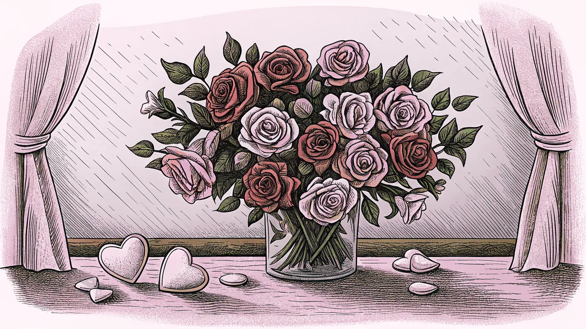 Roses overflow from a vase beside heart-shaped chocolates on Valentine's Day.