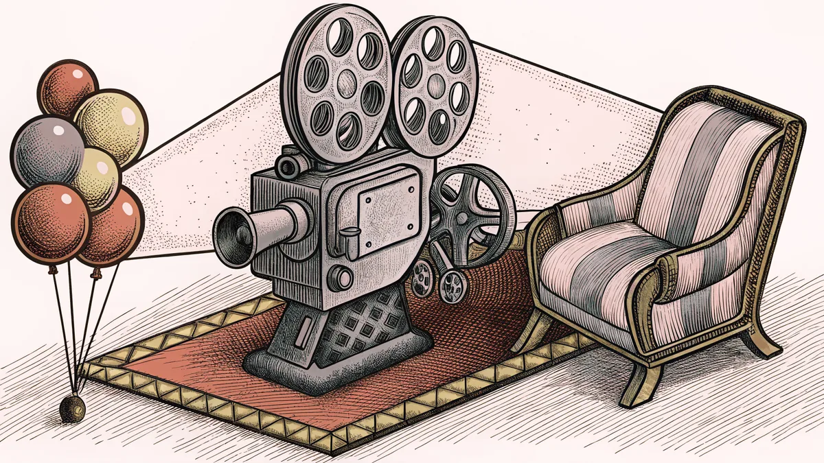 A projector lens and theatre seat rest beside colorful balloons on a plush rug.