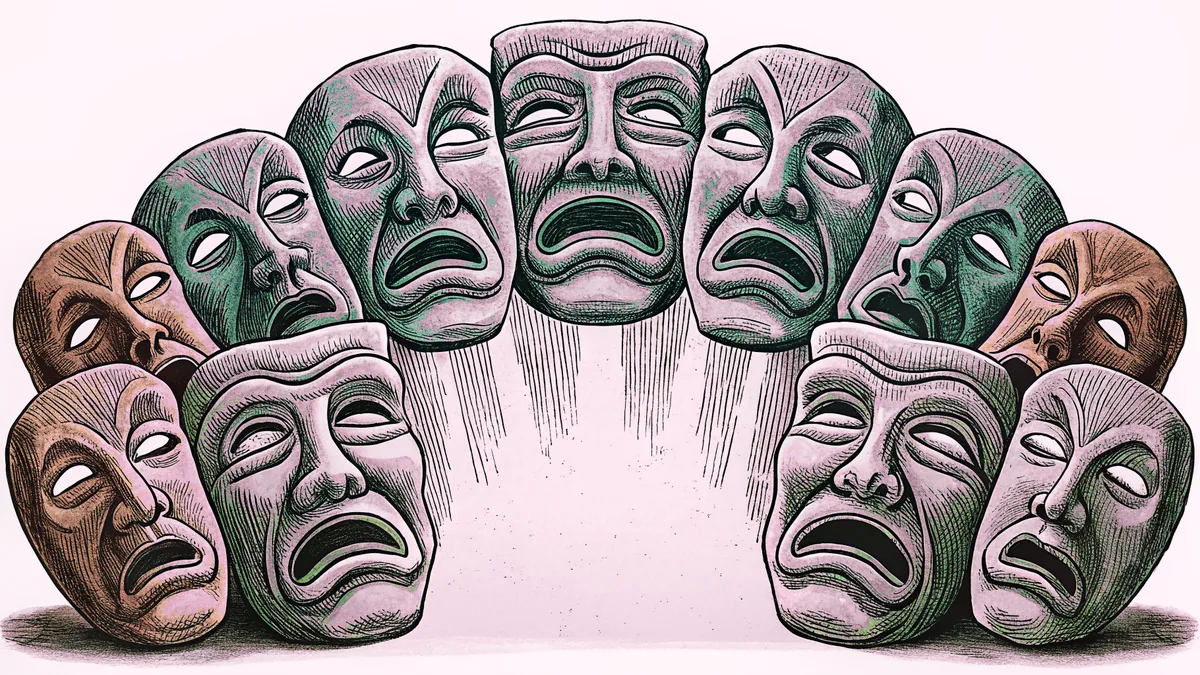 Expressive face masks displaying various emotions from joy and wonder to fear and anger.