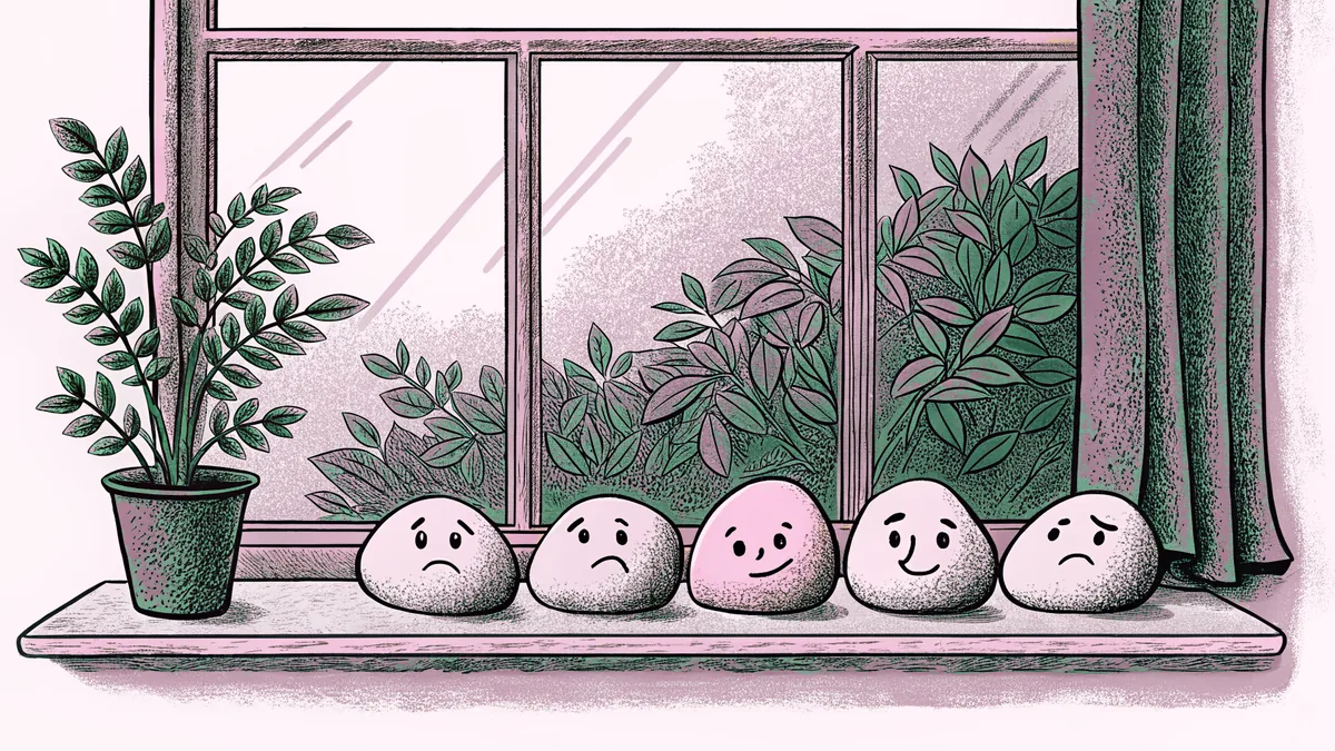 Smooth painted pebbles with simple drawn expressions line a sunny windowsill next to a potted plant.