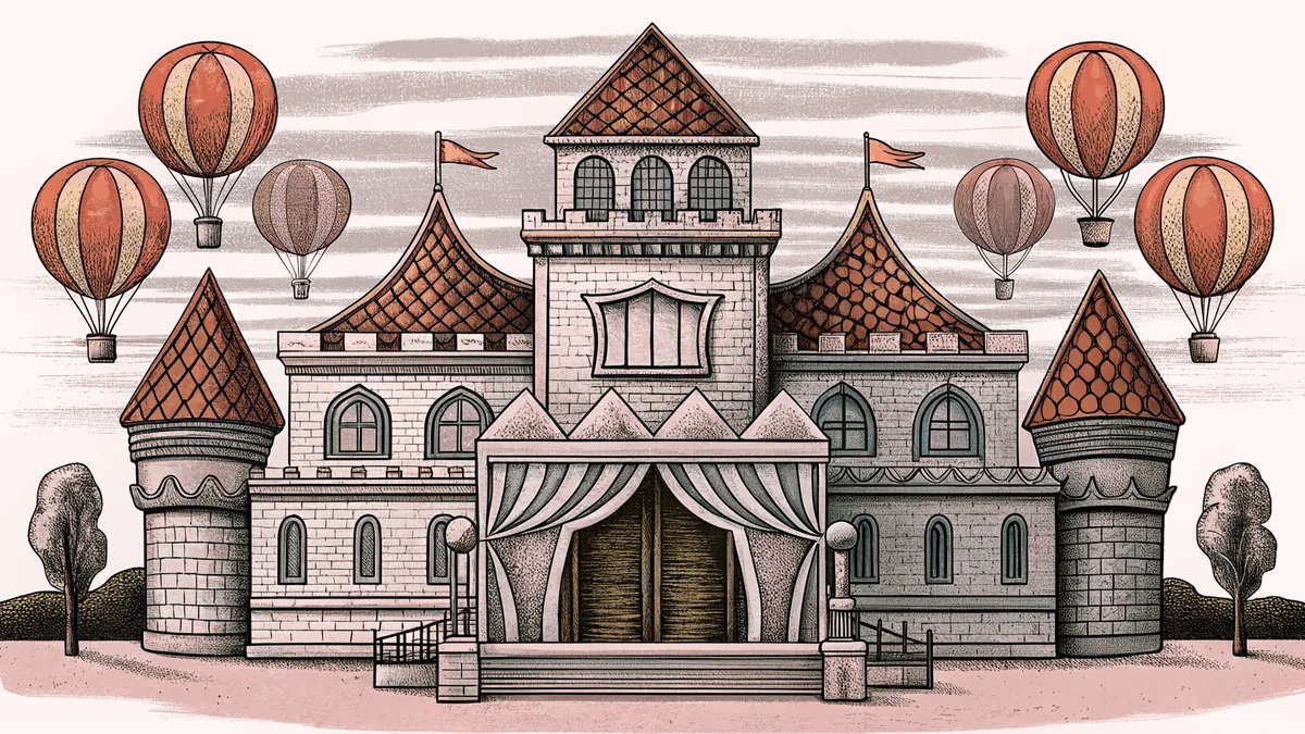 A castle silhouette, balloons, and a carousel horse create a fantasy scene.
