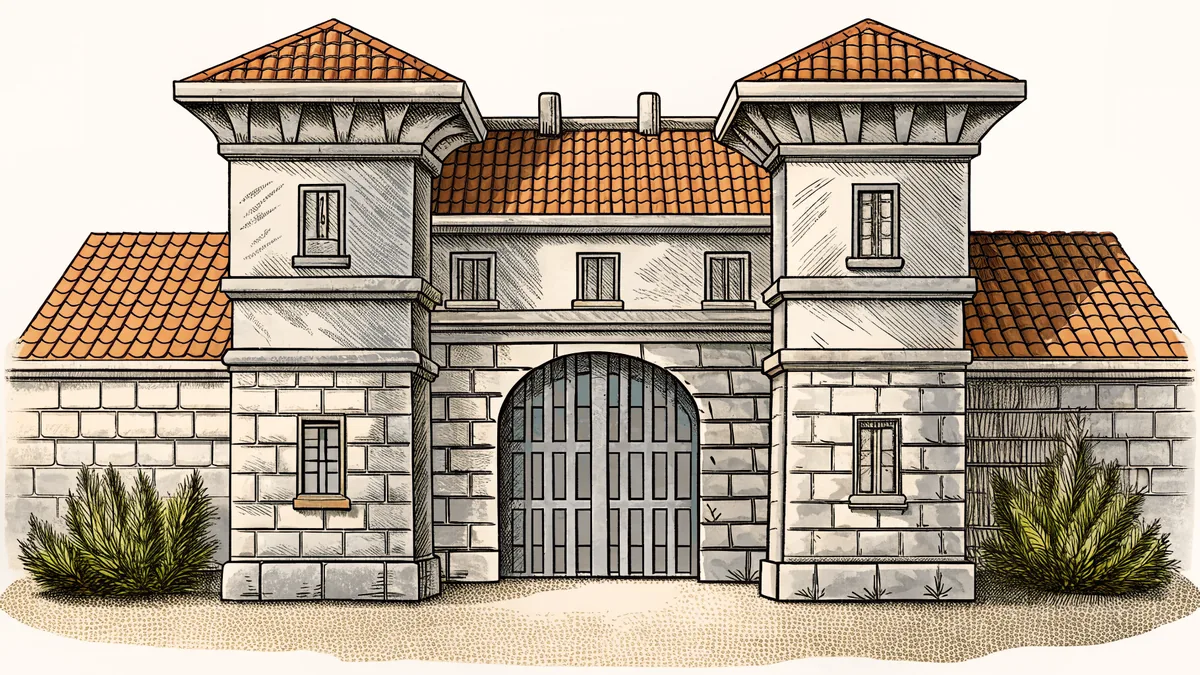 A suit of armor and a shield rest beside the stone gate of a manor house.