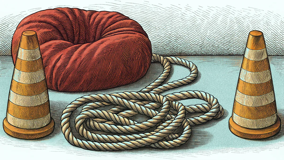 A red beanbag and a knotted tug of war rope rest beside orange obstacle cones on a sunlit field.