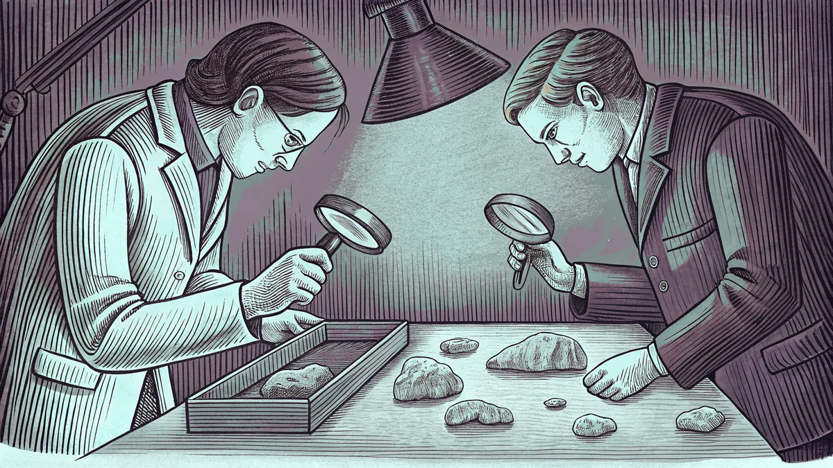 Researchers study rock specimens and minerals under bright magnification in a modern lab.