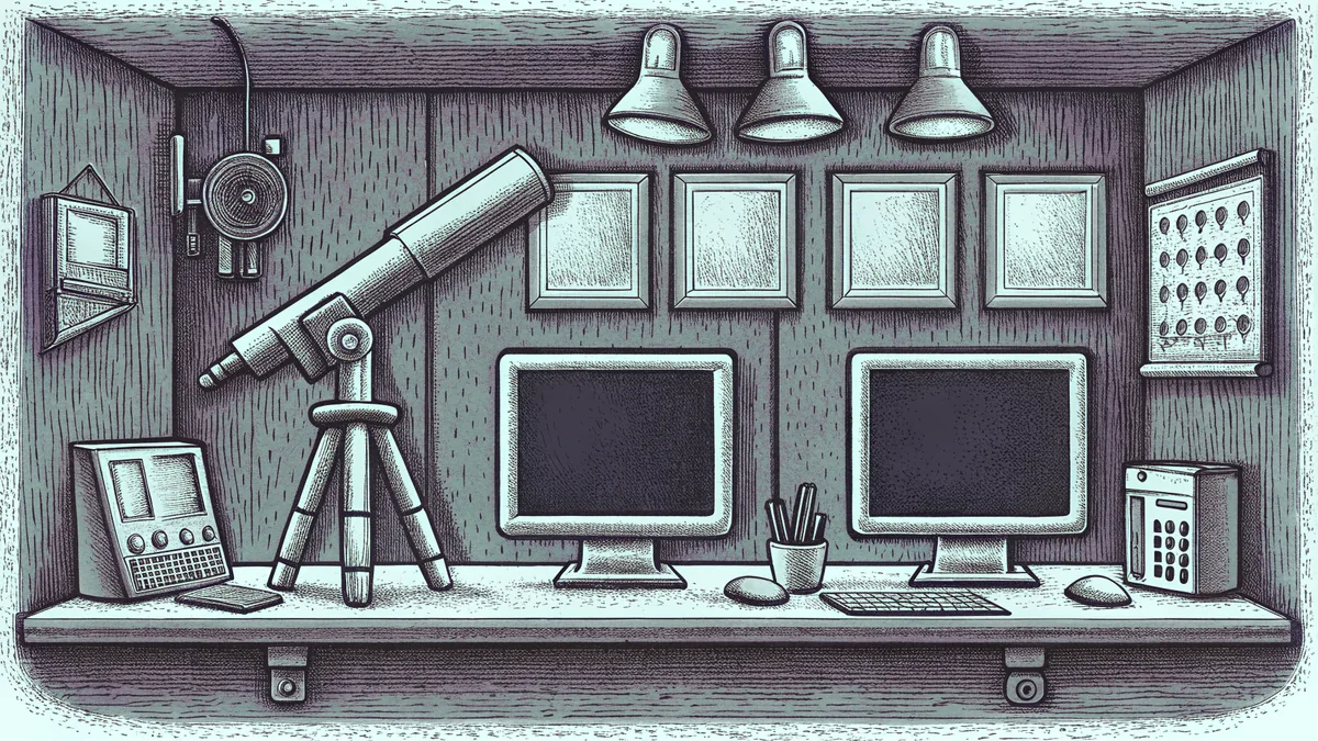 Advanced laboratory equipment including a telescope and robotic arm stands ready for research.