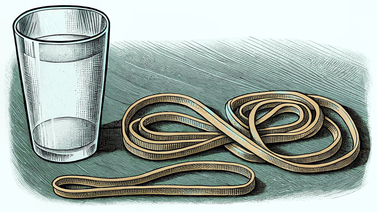 Sugar dissolves in a glass of water beside a stretched rubber band lit by sunlight.