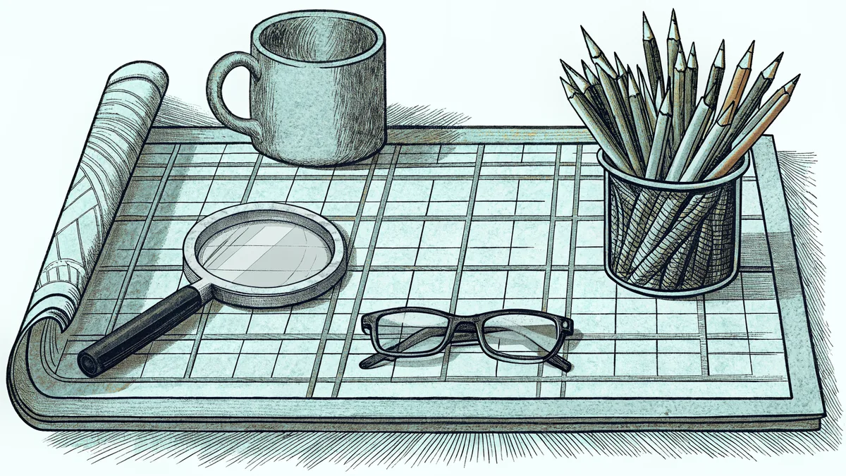 A magnifying glass, a mug of pencils and a folded pair of glasses sit on a tidy desk.