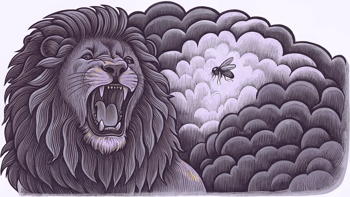 A lion roars beside a buzzing bee as a dark thundercloud towers overhead.
